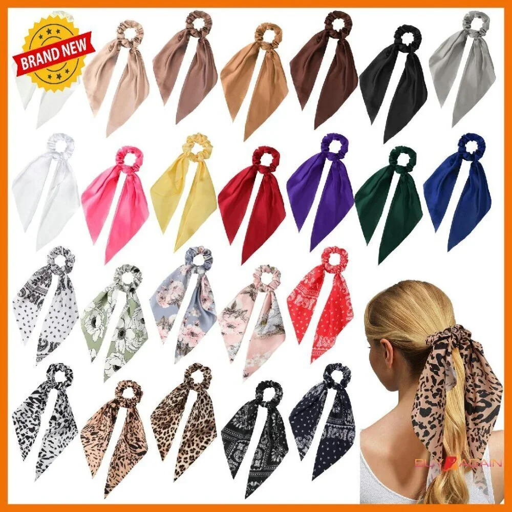 24 Satin Hair Scrunchie Bows Elastic Ponytail Holders Women Accessories